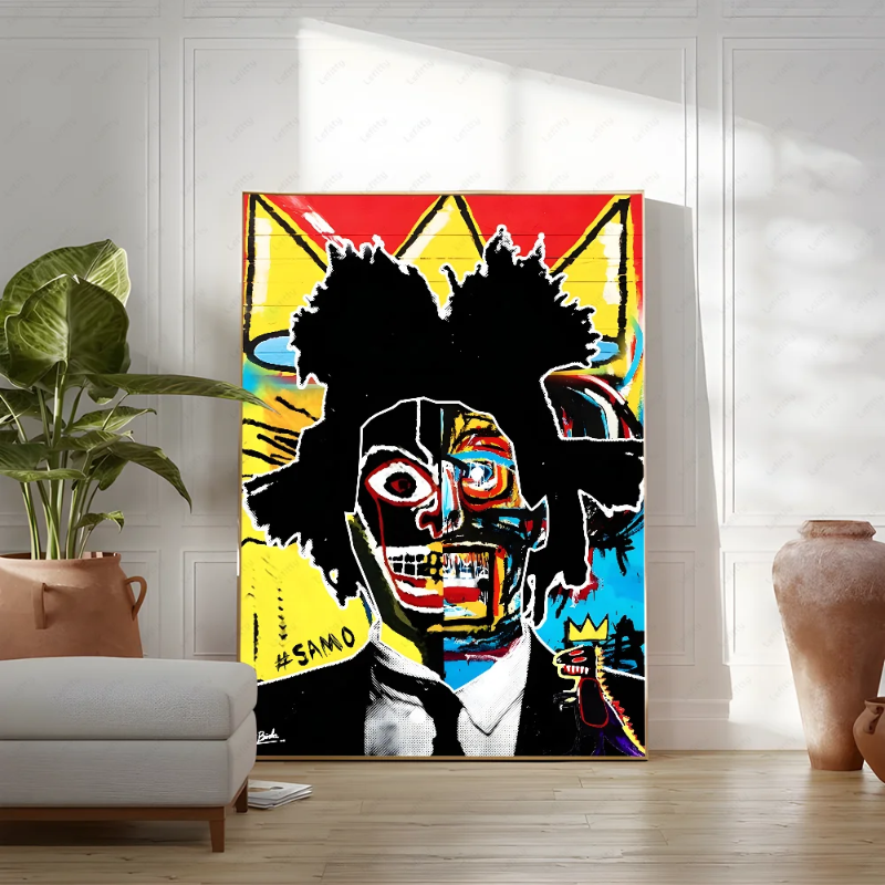 Colorful abstract painting of a stylized face in a living room setting