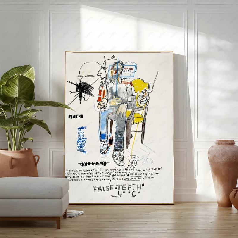 Abstract artwork titled 'False Teeth' in a modern living room setting.