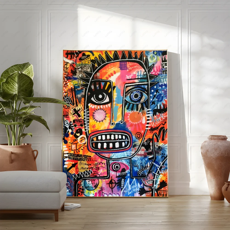 Colorful abstract painting in a living room setting with a plant and vase.