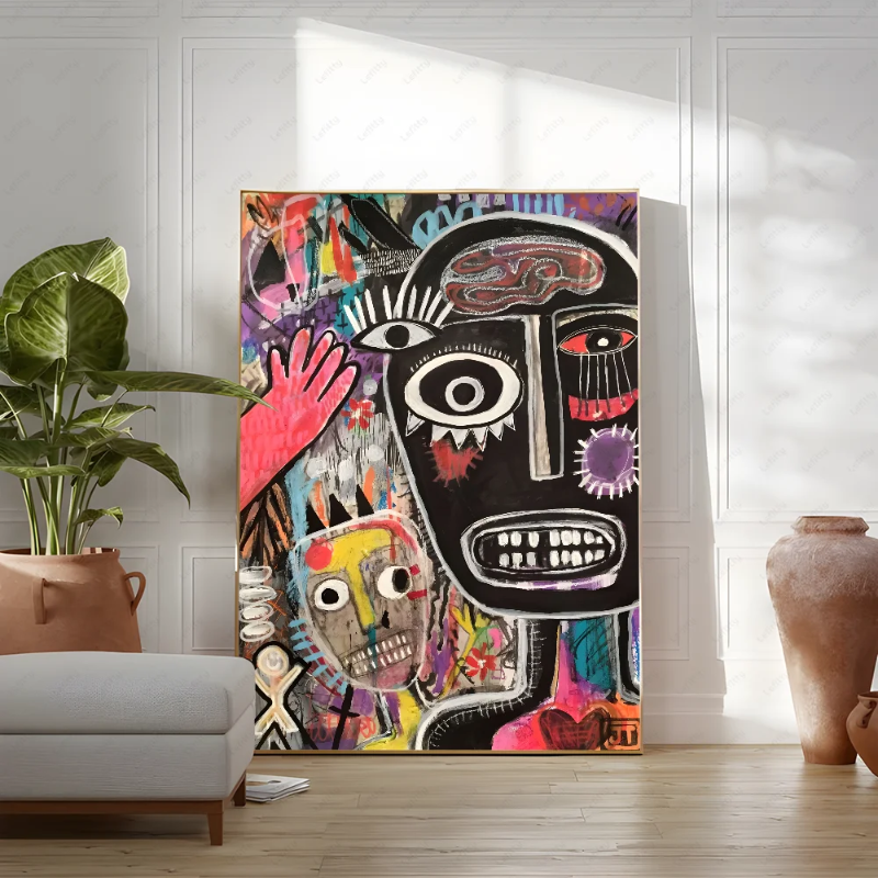 Colorful abstract painting in a living room setting with a plant and vase.