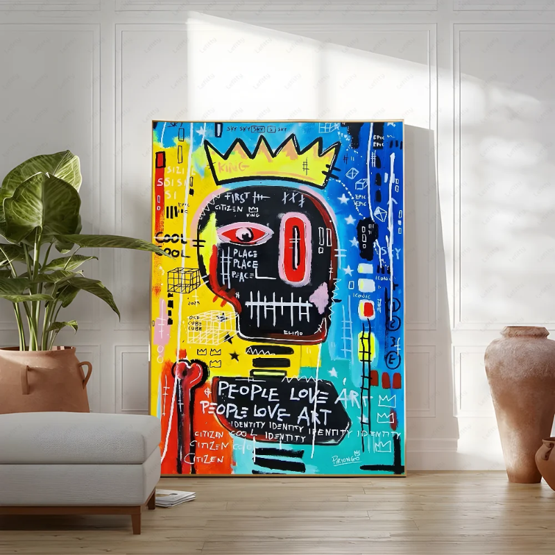 Colorful abstract painting in a living room setting with a plant and vase.