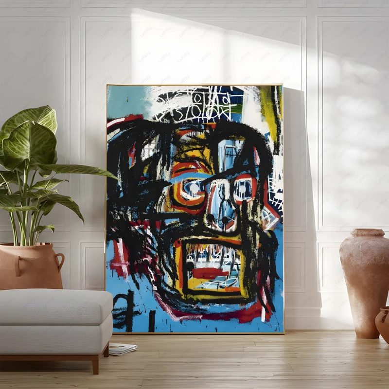 Abstract painting in a living room setting with a plant and vase.
