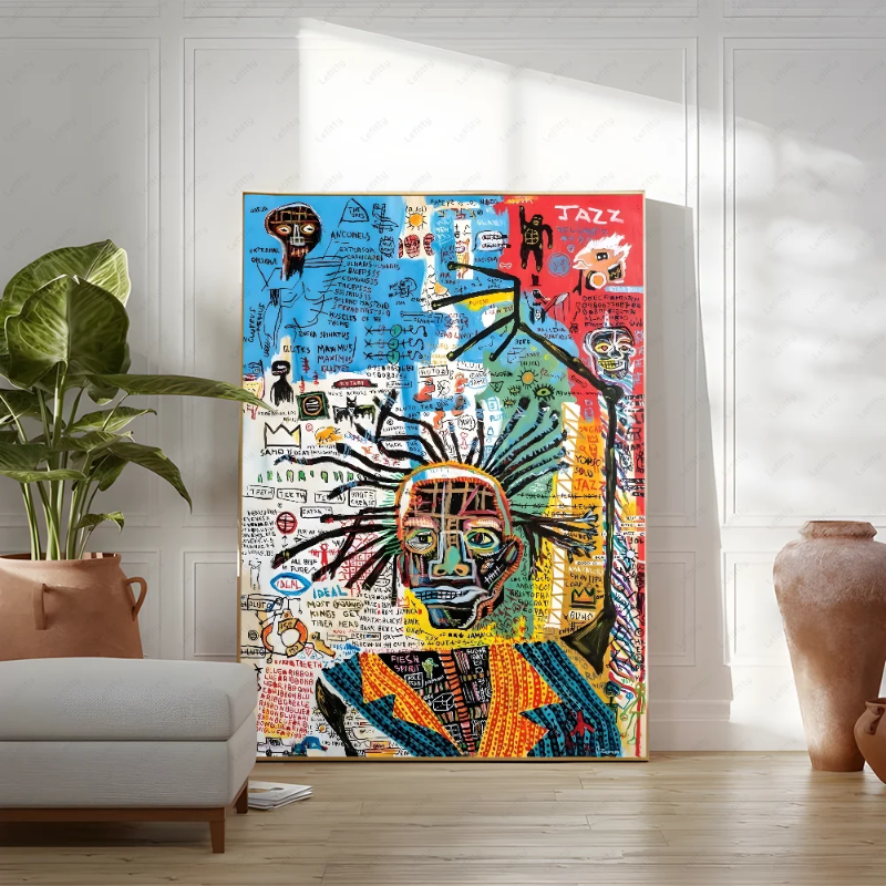 Colorful abstract art piece in a living room setting with a plant and vase.