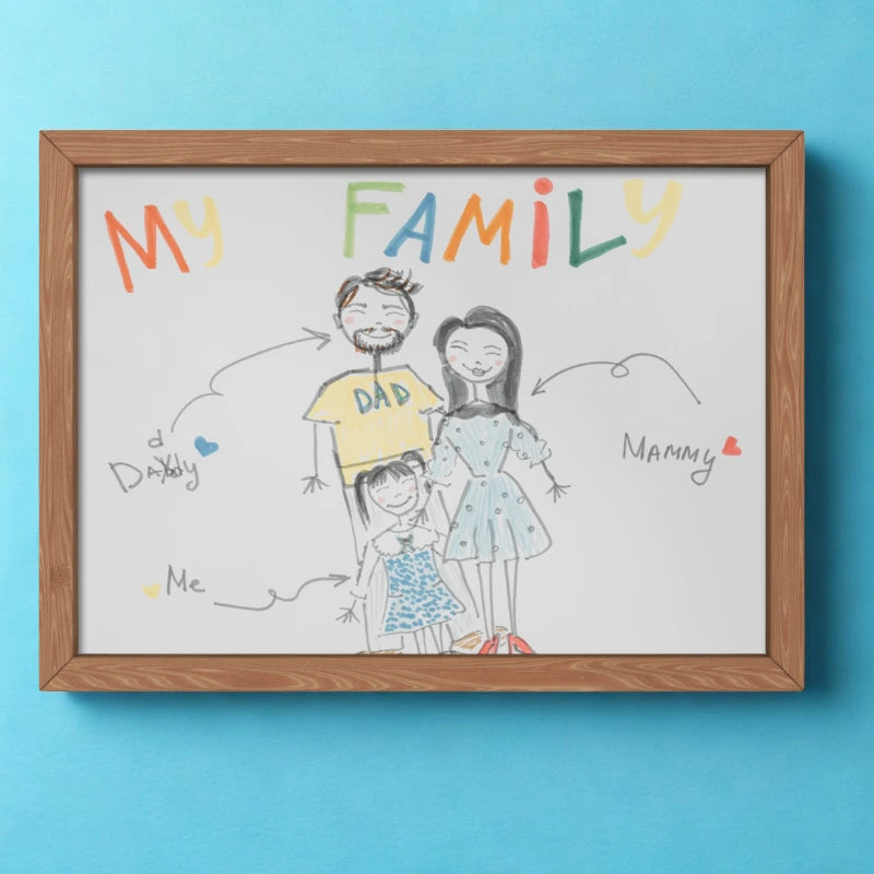 Framed drawing of a family on a blue background
