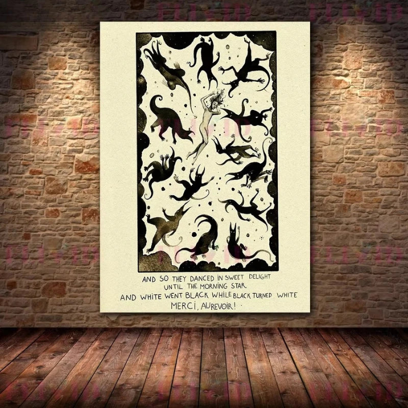 Decorative wall art with black and white patterns on a beige background, framed against a brick wall.