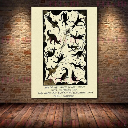 Decorative wall art with black and white patterns on a beige background, framed against a brick wall.