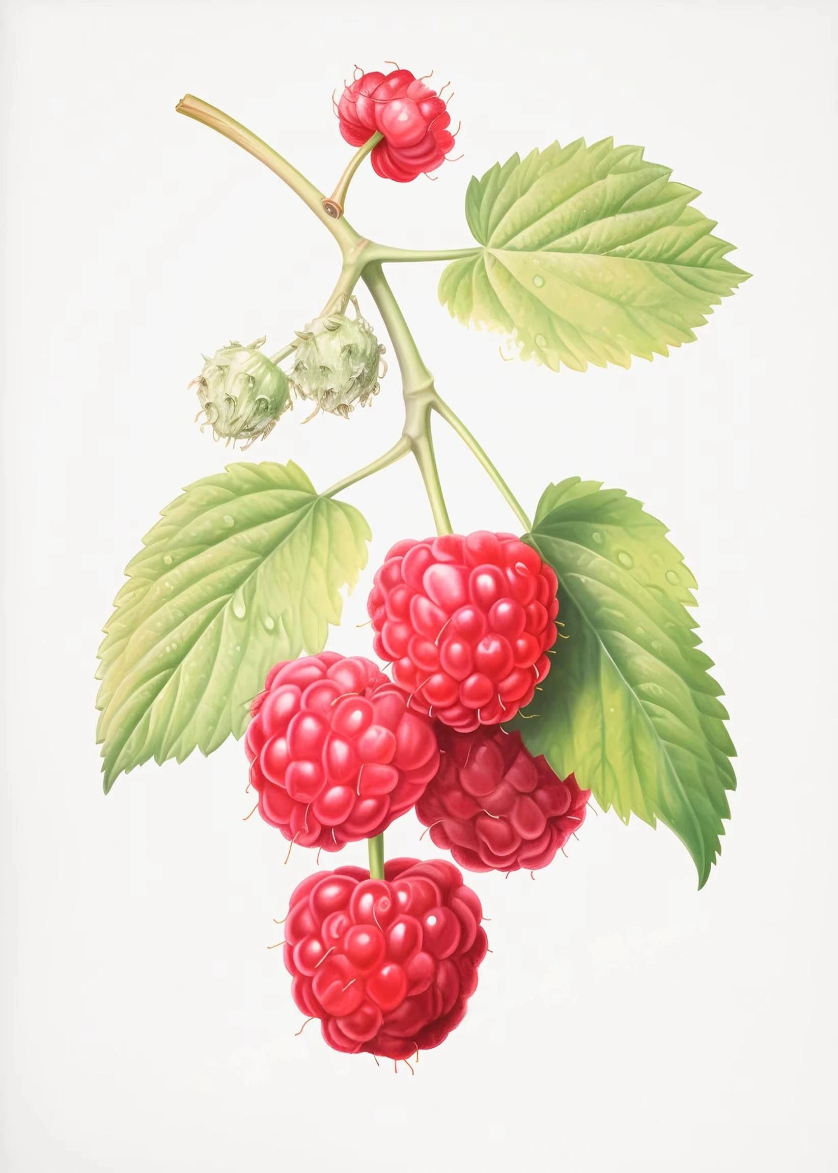 Illustration of raspberries on a branch with green leaves on a white background