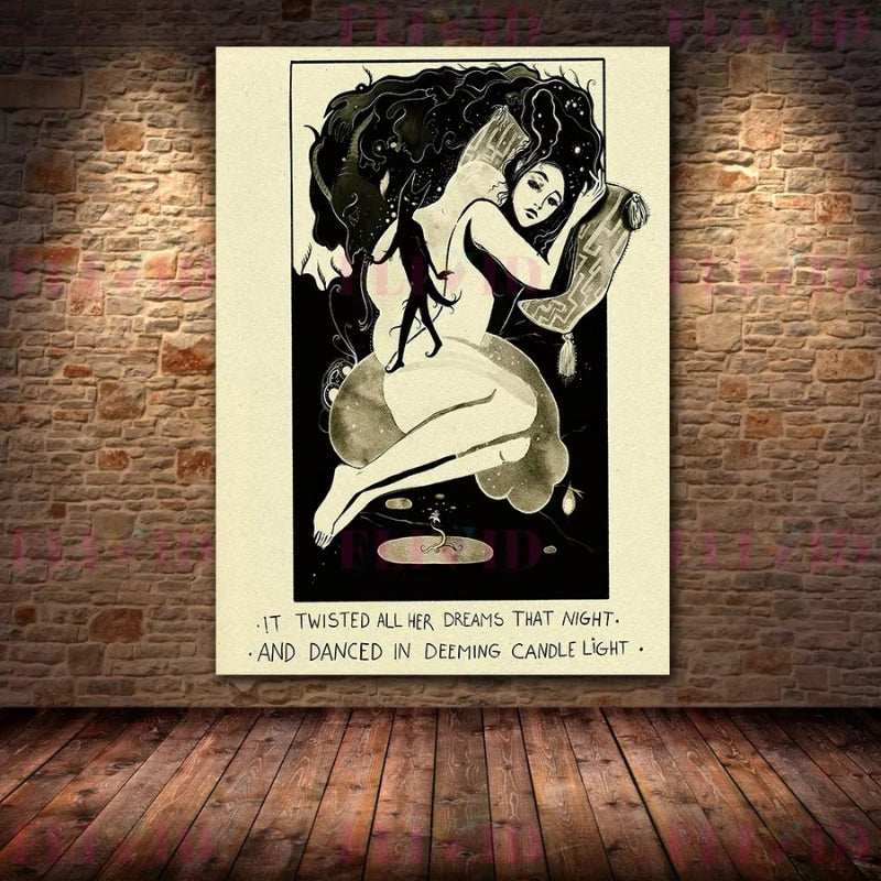 Artistic depiction of a woman with text on a brick wall background