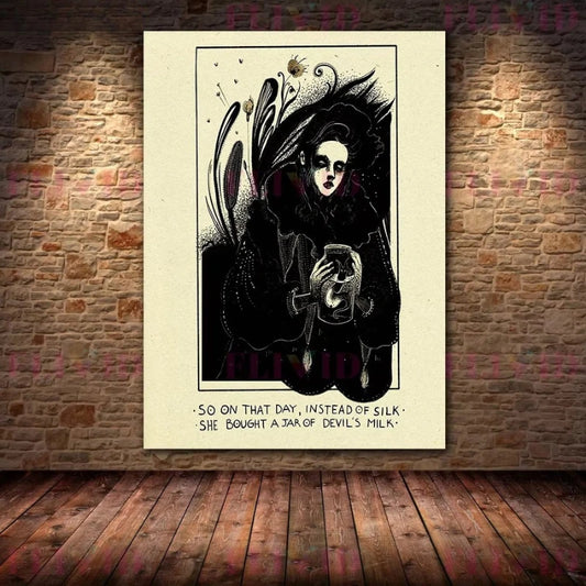 Artistic depiction of a character with dark hair and a jar against a brick wall. Canvas & Curio