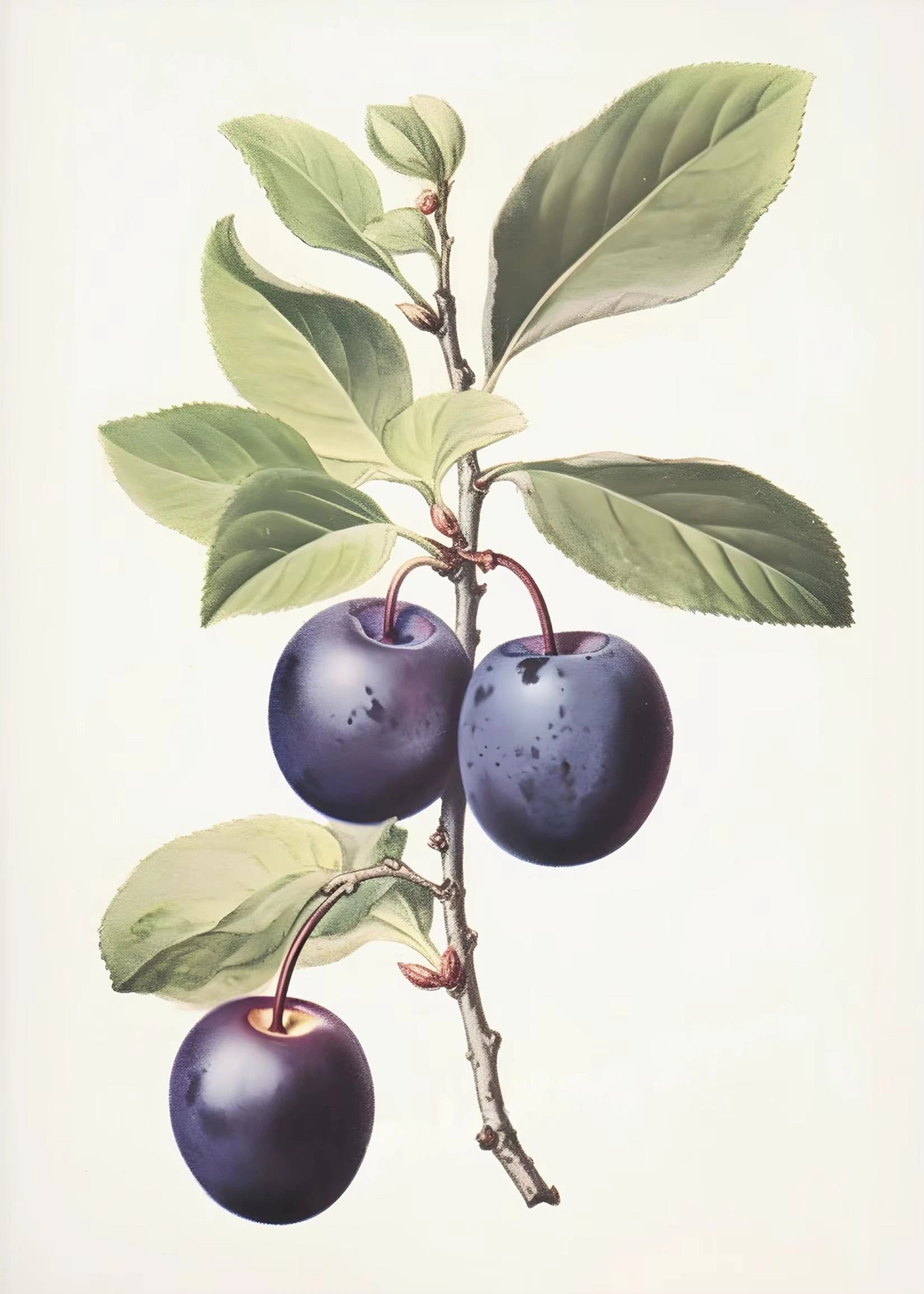 Illustration of plums on a branch with leaves