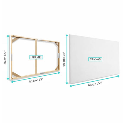 Measurement chart of a wooden frame and white canvas on a white background