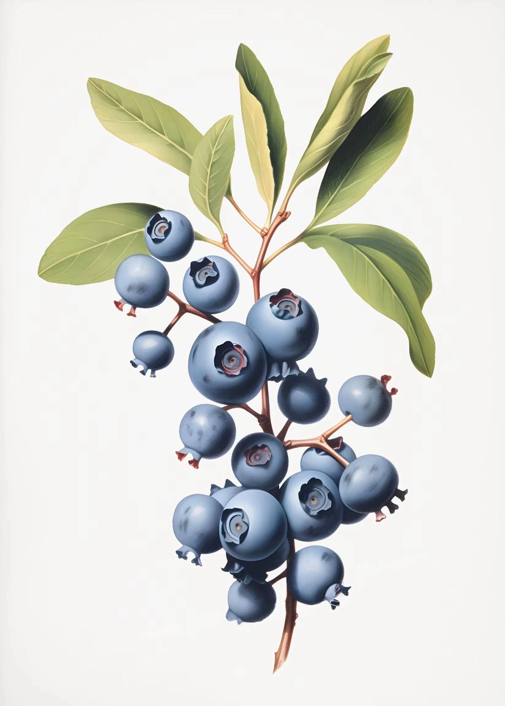 Illustration of blueberries with green leaves on a white background