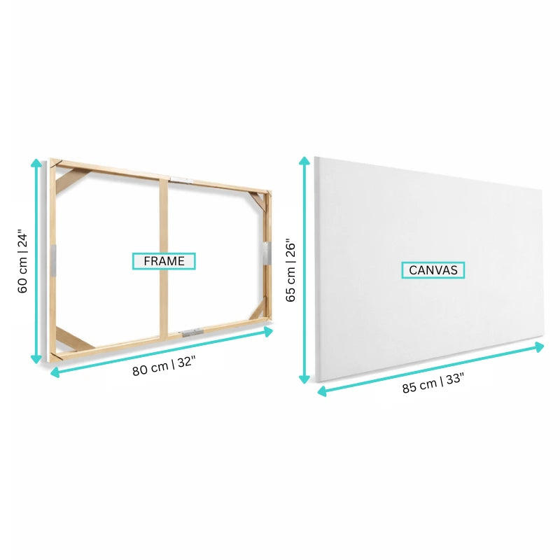 Measurement chart of a wooden frame and white canvas on a white background