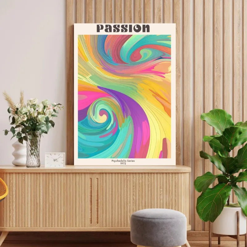 Colorful abstract poster with 'Passion' text on a wall in a room with decor elements.