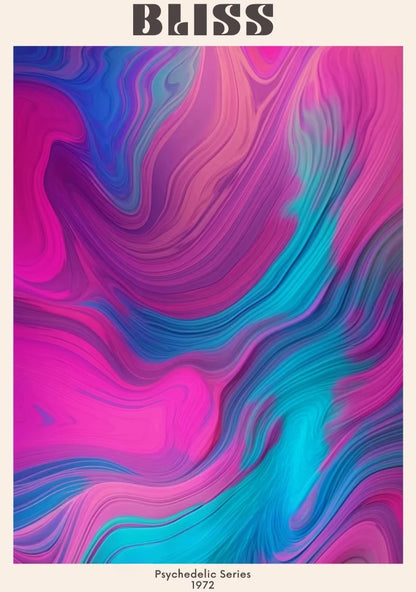 Colorful abstract design with swirling patterns in pink and blue, featuring the word 'BLISS' at the top.