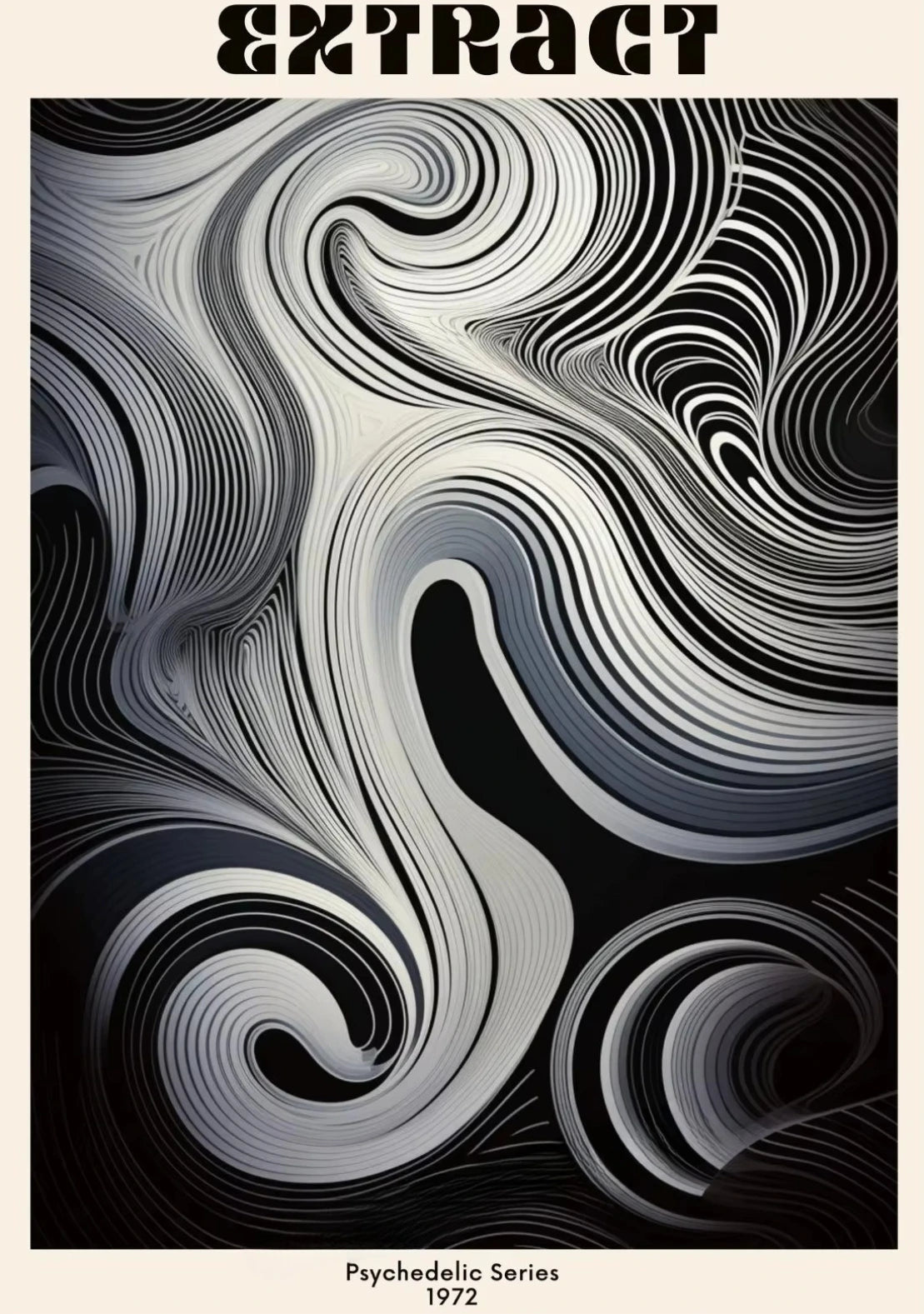Black and white abstract pattern with 'Extract' at the top, labeled as a psychedelic series from 1972.