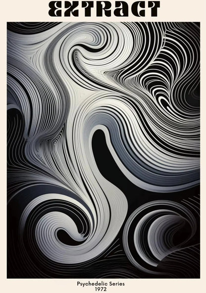 Black and white abstract pattern with 'Extract' at the top, labeled as a psychedelic series from 1972.