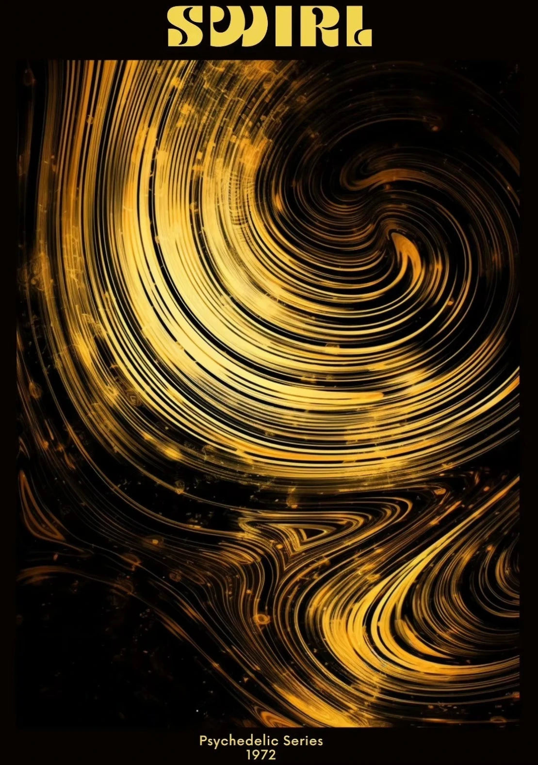 Artistic depiction of a swirling pattern with gold lines on a black background, featuring the brand 'SWIRL'.