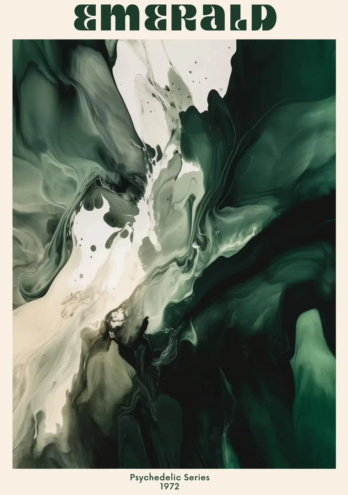 Abstract artwork with swirling green and beige patterns, labeled 'Emerald' and 'Psychedelic Series 1972'.