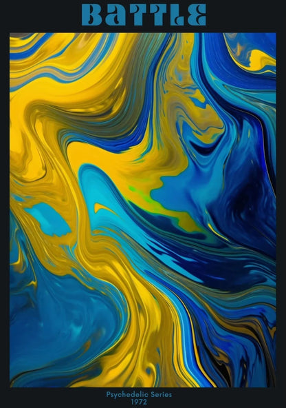 Abstract artwork with swirling blue and yellow patterns on a black background, featuring the word 'BATTLE' at the top.