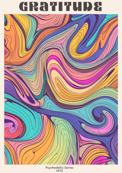 Colorful psychedelic design with the word 'Gratitude' at the top.