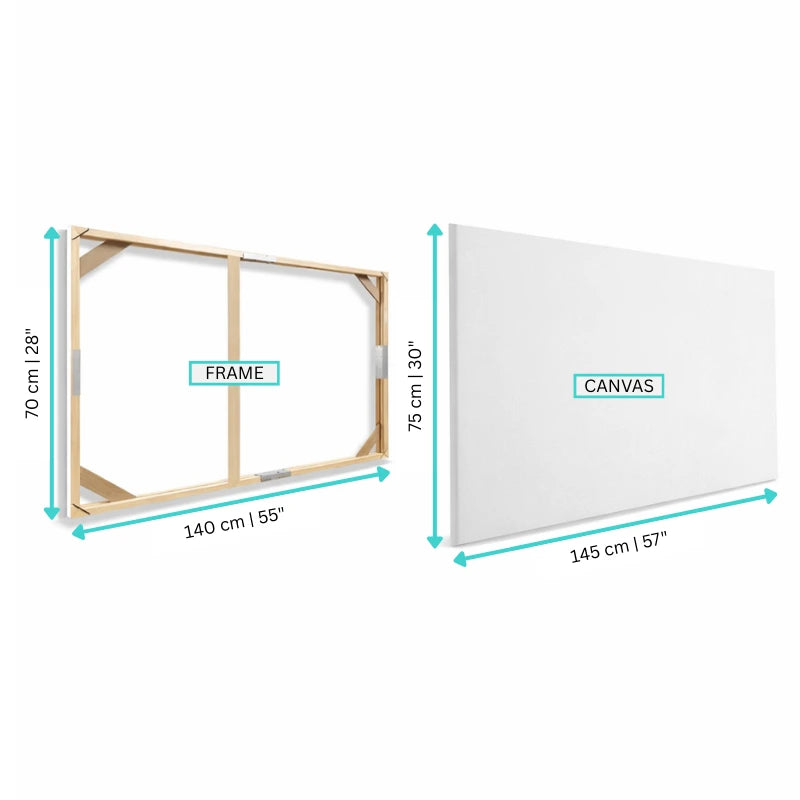 Measurement chart of a wooden frame and white canvas on a white background