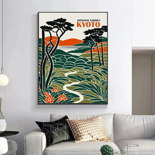 Decorative poster of a Japanese garden in Kyoto hanging above a sofa in a living room. Canvas & Curio