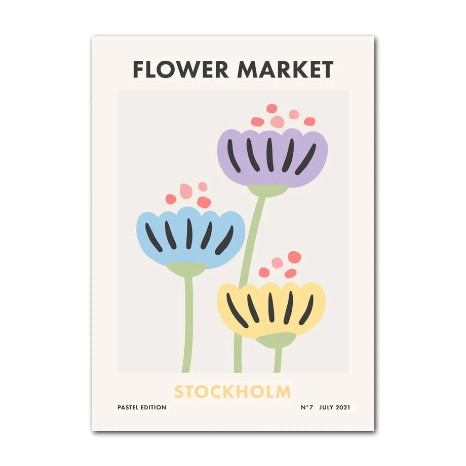 Poster with colorful flowers and text 'Flower Market Stockholm' on a beige background