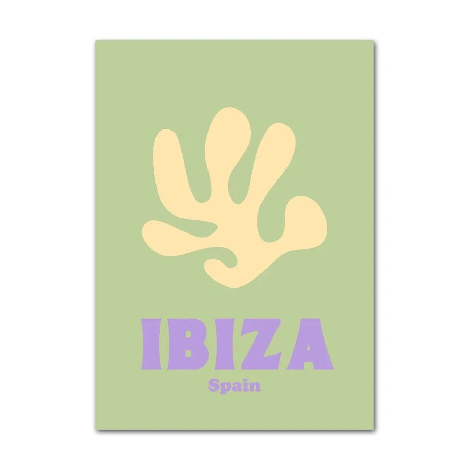 Poster with abstract design and 'IBIZA Spain' text on a light green background