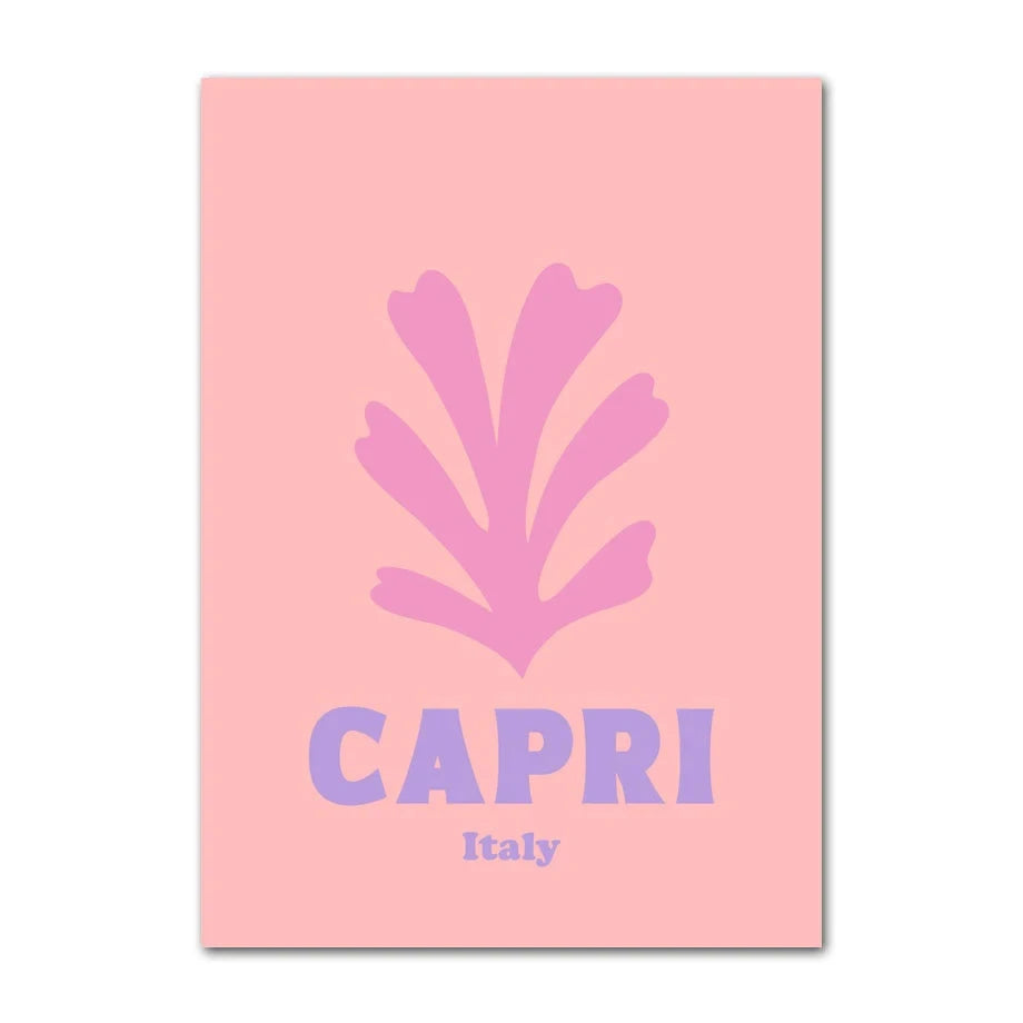 Pink poster with purple leaf design and 'CAPRI Italy' text on a white background