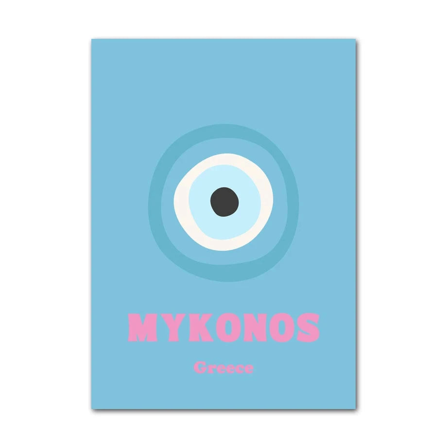 Poster with a blue background, white circle, black dot, and 'MYKONOS Greece' text.