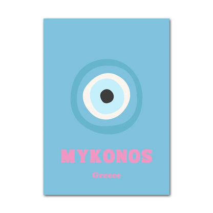 Poster with a blue background, white circle, black dot, and 'MYKONOS Greece' text.