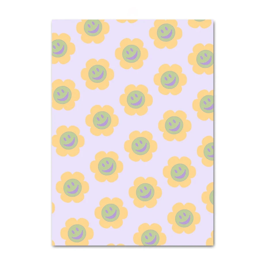 Notebook with a pattern of yellow flowers with smiley face centers on a purple background