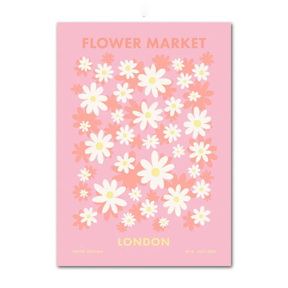 Poster with floral design and 'Flower Market London' text on a pink background