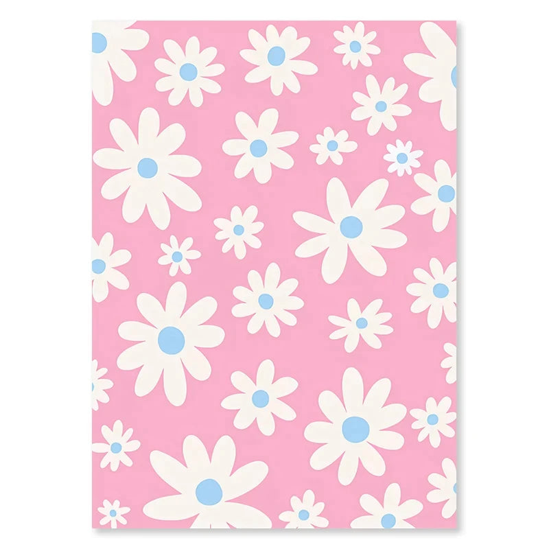 Pattern of white flowers with blue centers on a pink background