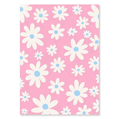 Pattern of white flowers with blue centers on a pink background