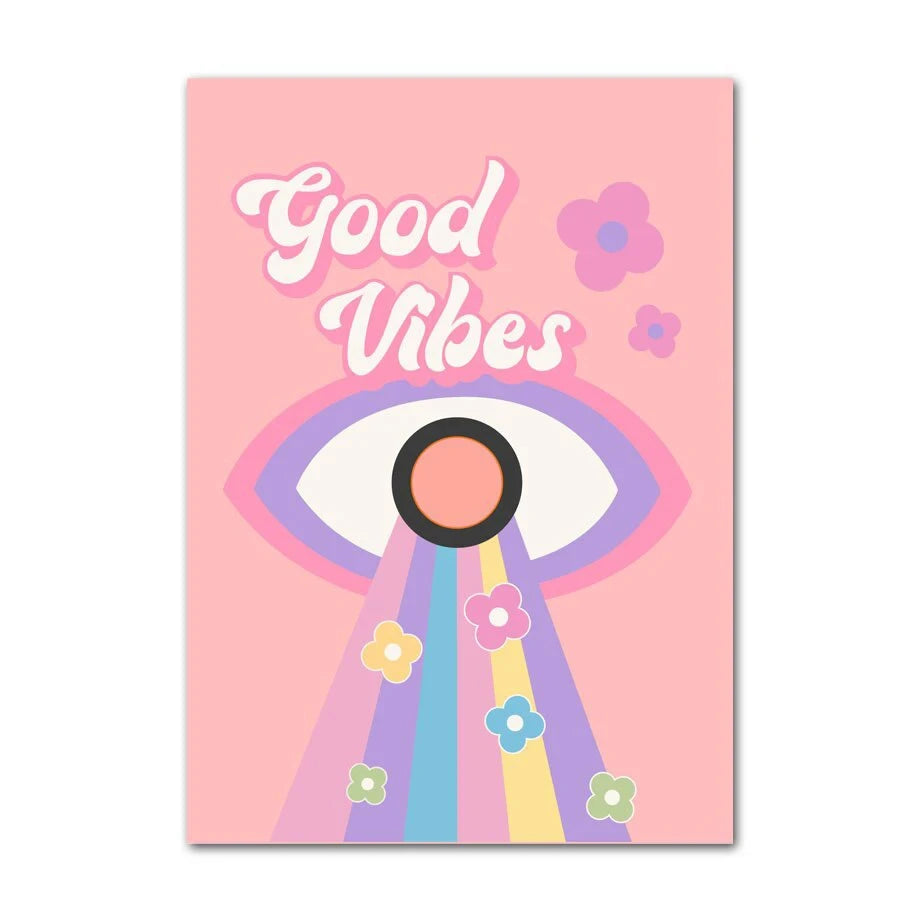 Poster with 'Good Vibes' text and colorful design on a pink background