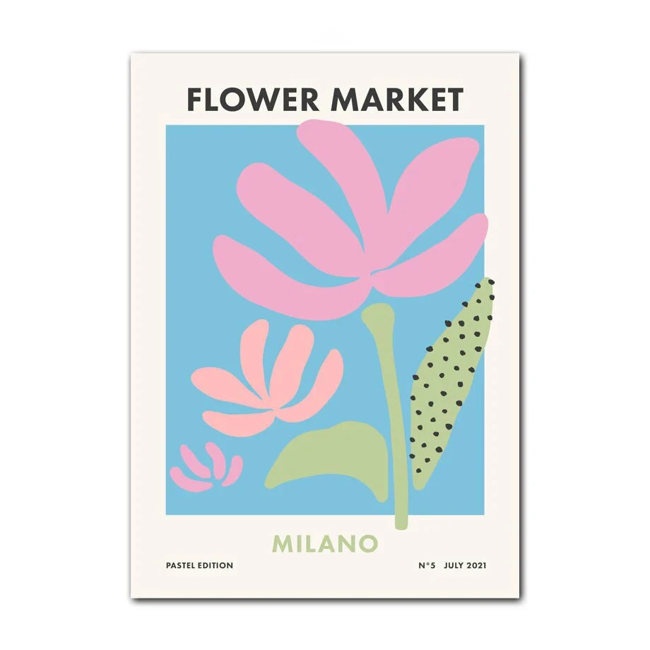 Poster with floral design and text 'Flower Market Milano' on a blue background