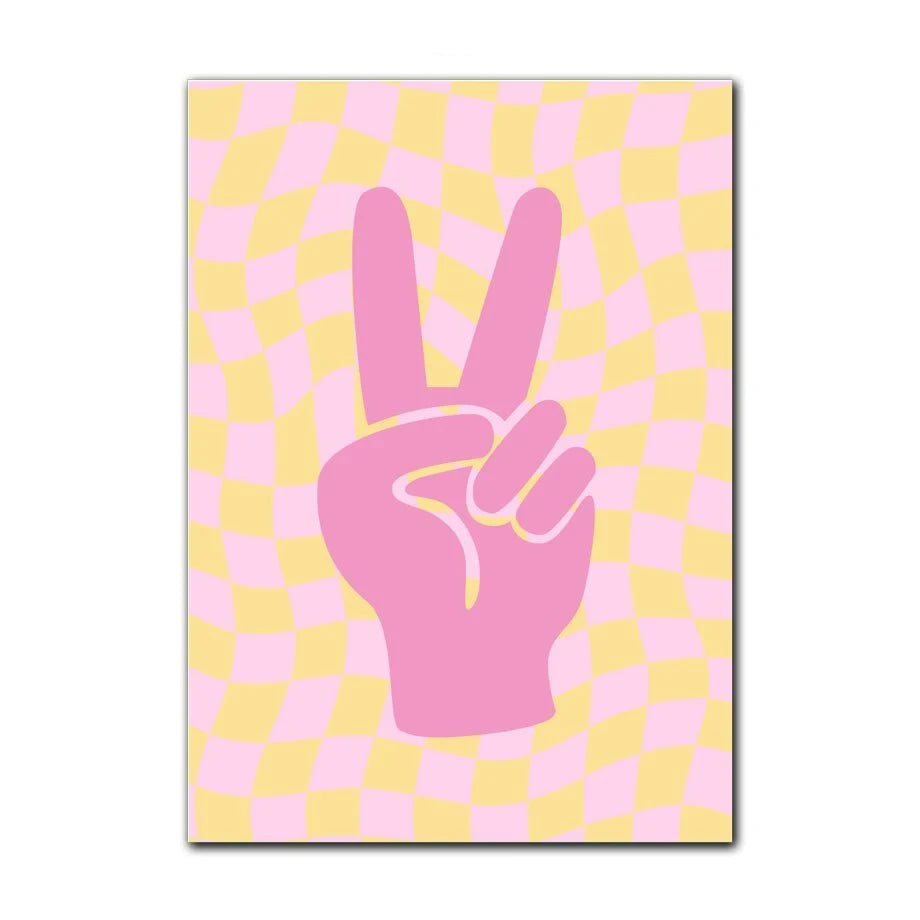 Pink hand making a peace sign on a yellow and pink checkered background