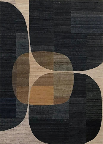 Abstract patterned rug with geometric shapes in black, brown, and beige.