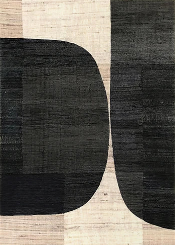 Rug with abstract black shapes on a beige and brown background
