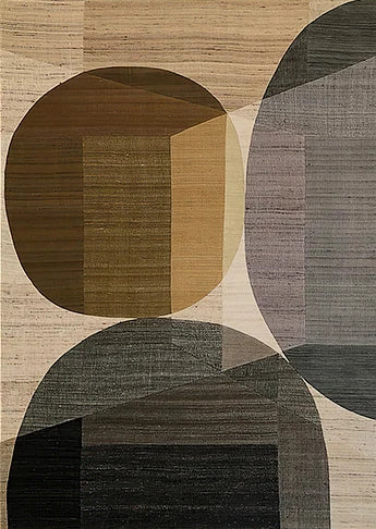 Geometric patterned rug with circular shapes in brown, beige, and gray.