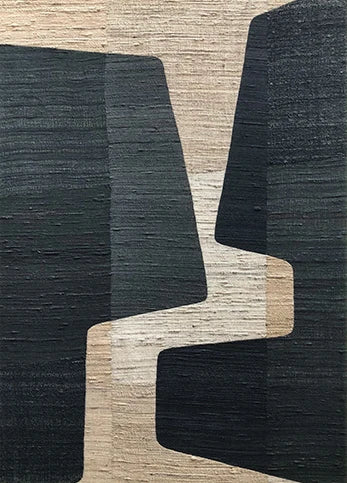 Abstract art piece with geometric shapes in black, white, and beige.