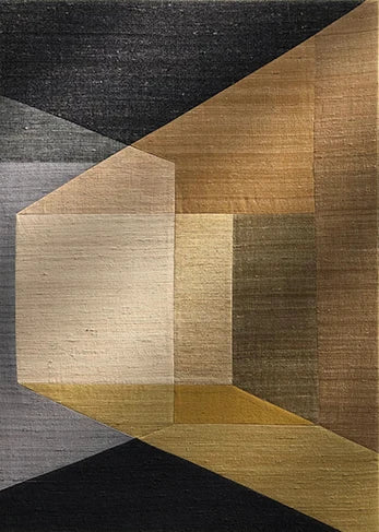 Geometric patterned rug with brown, beige, and black colors