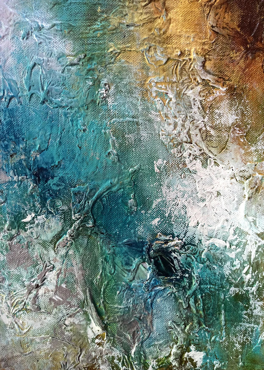 Abstract art with textured surface in teal, brown, and white
