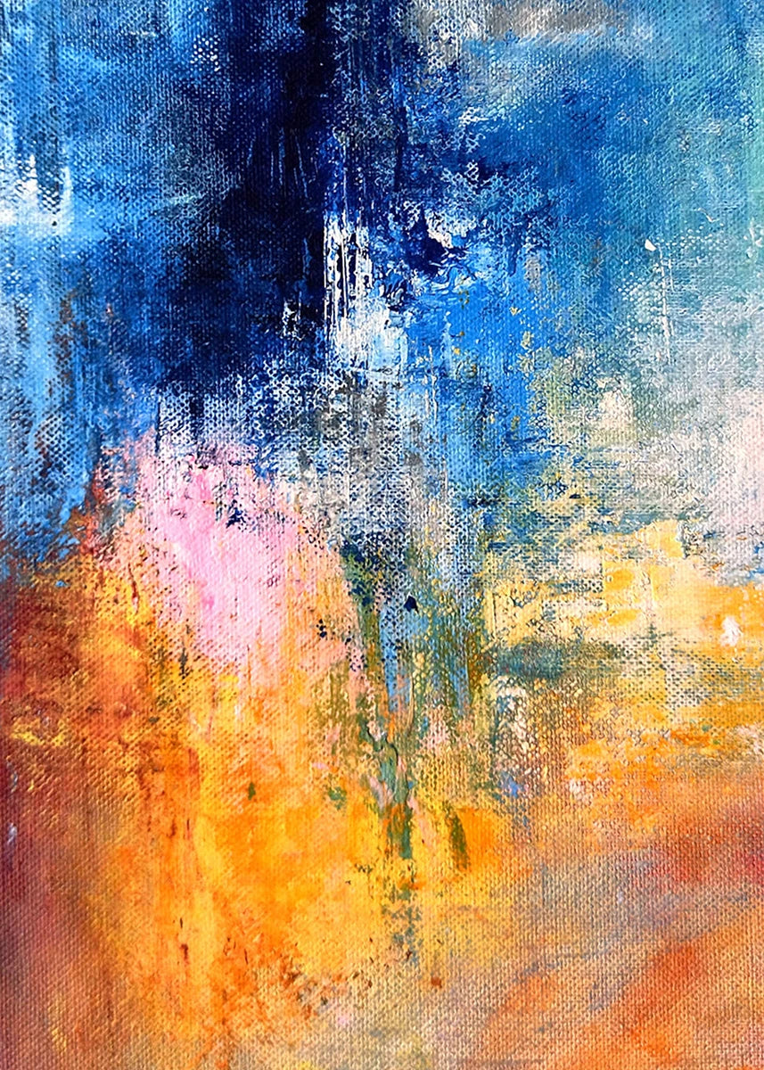 Abstract art with blue, orange, and pink colors