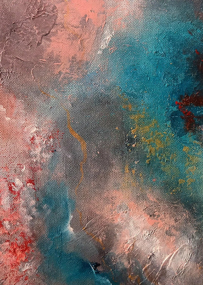 Abstract art with a textured surface featuring a mix of colors.