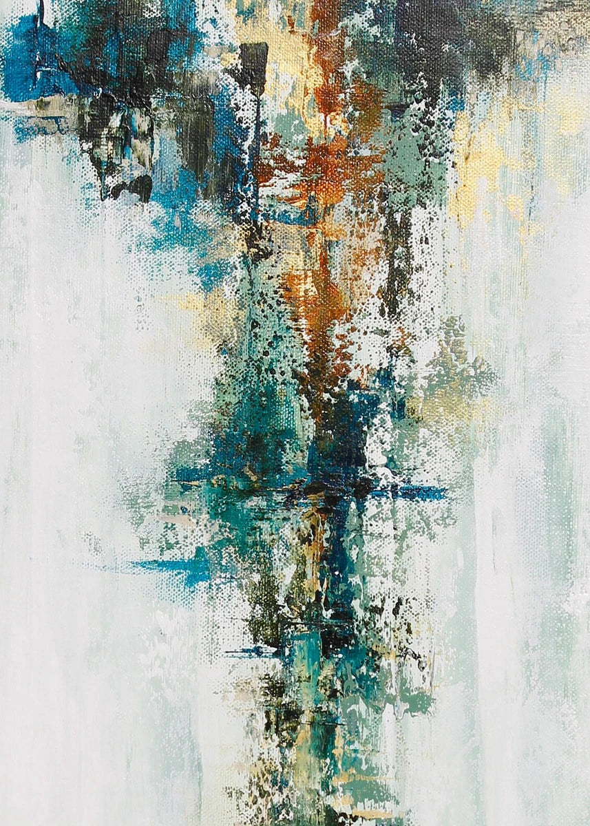 Abstract art with a mix of blue, green, and brown colors on a white background