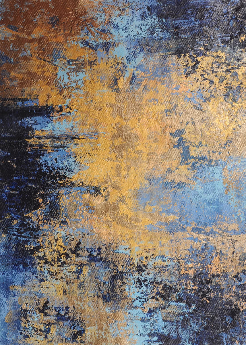 Abstract art with gold, blue, and black colors