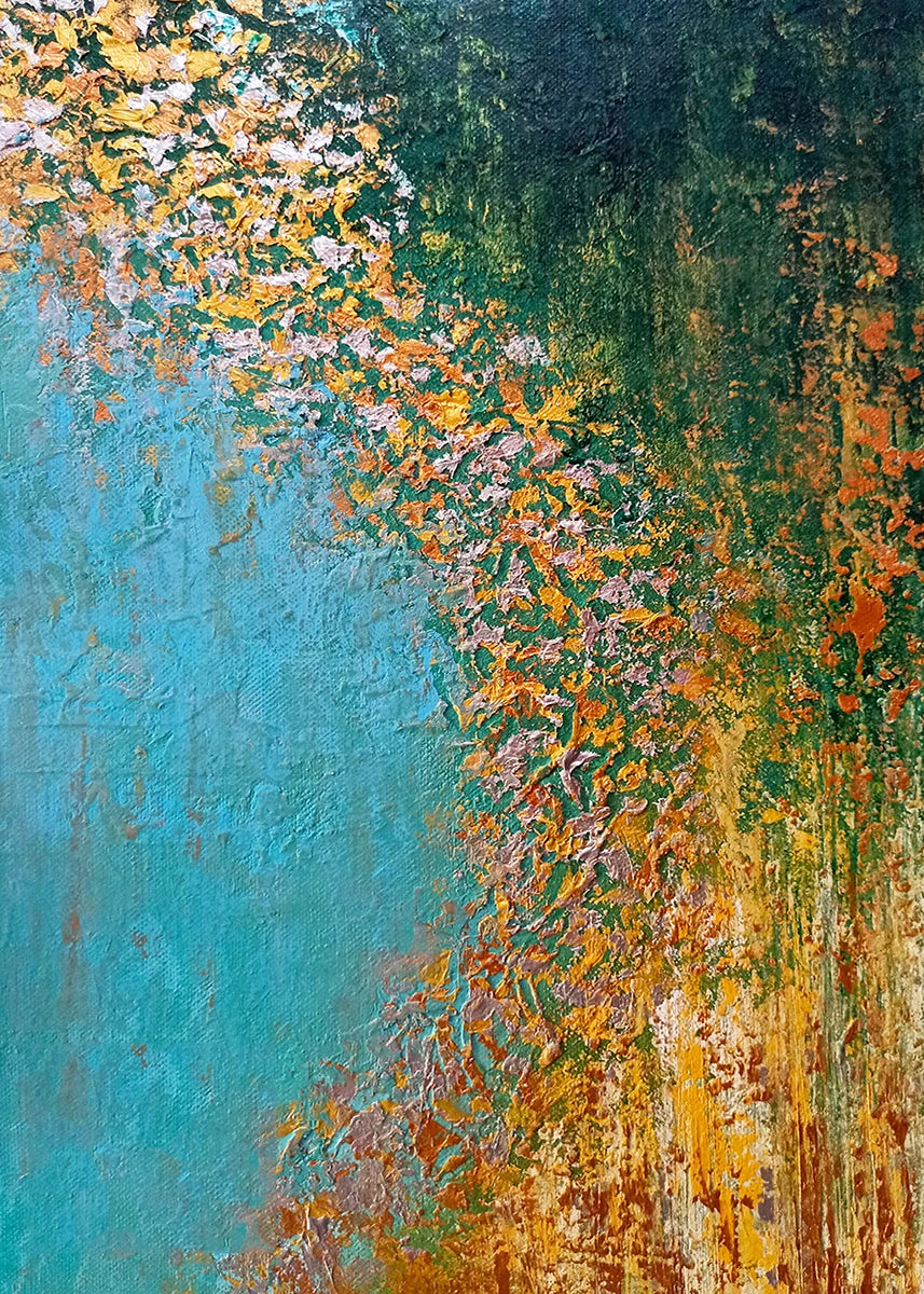 Abstract art with a gradient of blue, green, and orange colors.